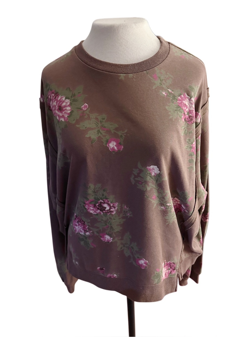 Taelynn Brown Floral Sweatshirt Pullover Strappy Sleeve Top Medium